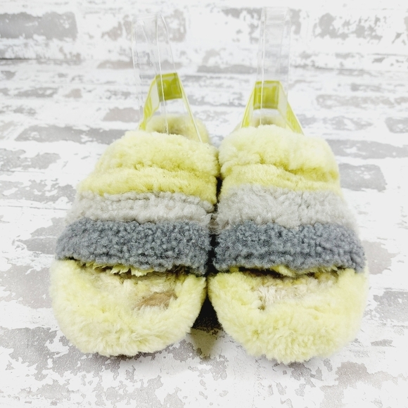 Ugg Fluff Yeah Striped Yellow Grey Wool Slingback Slippers V50 - Picture 3 of 12